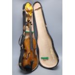 A 3/4 size violin, stamped "Klotz", cased, length 52cm