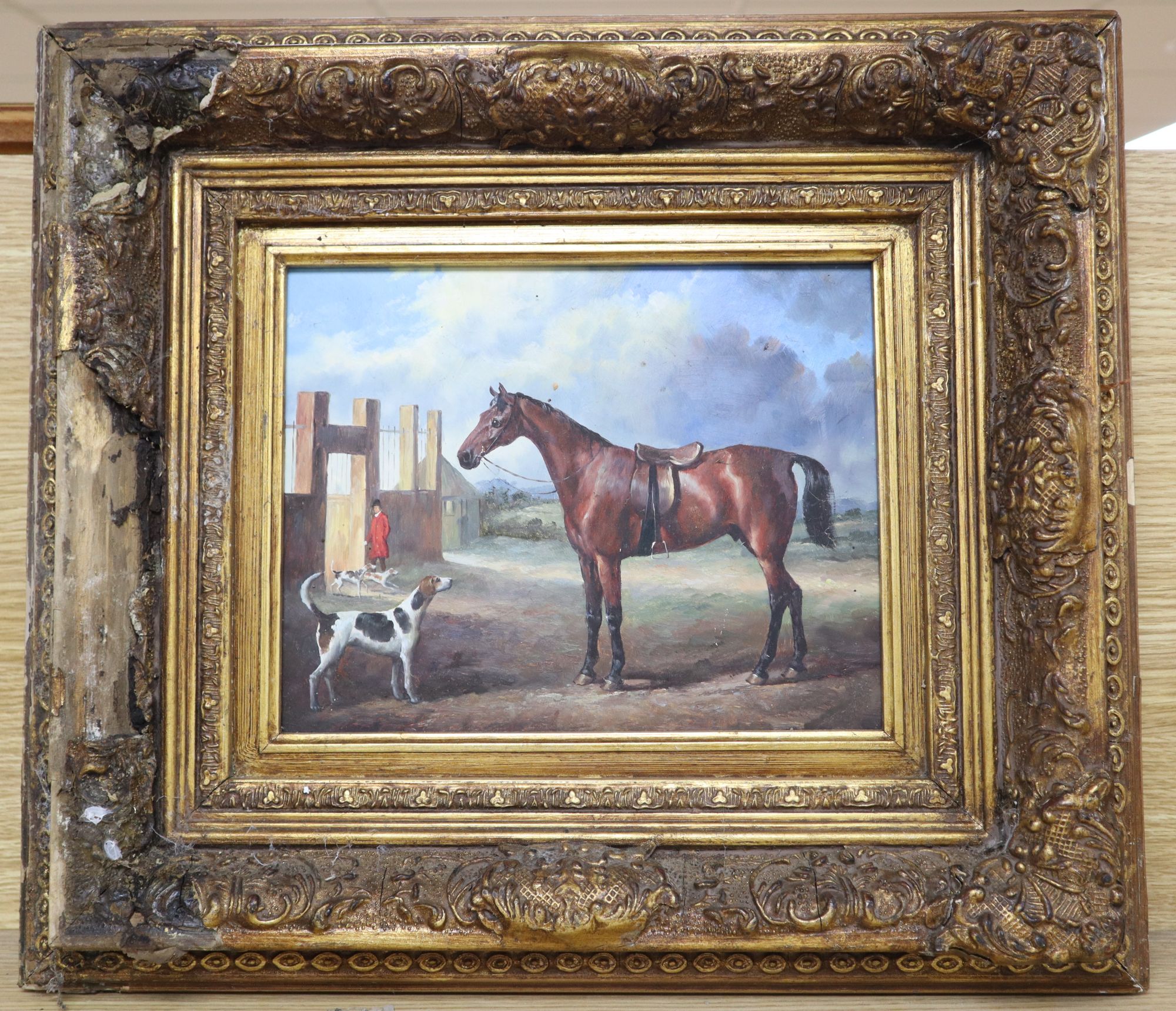 A modern oil on board, Horse and hounds near a stables, 19 x 24cm - Image 2 of 3
