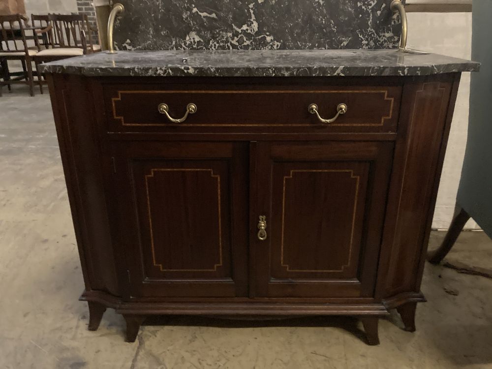 An Edwardian satinwood banded mahogany marble top washstand, width 99cm, depth 52cm, height 106cm - Image 7 of 8