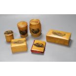 Six pieces of Mauchline ware including a money box, height 8cm