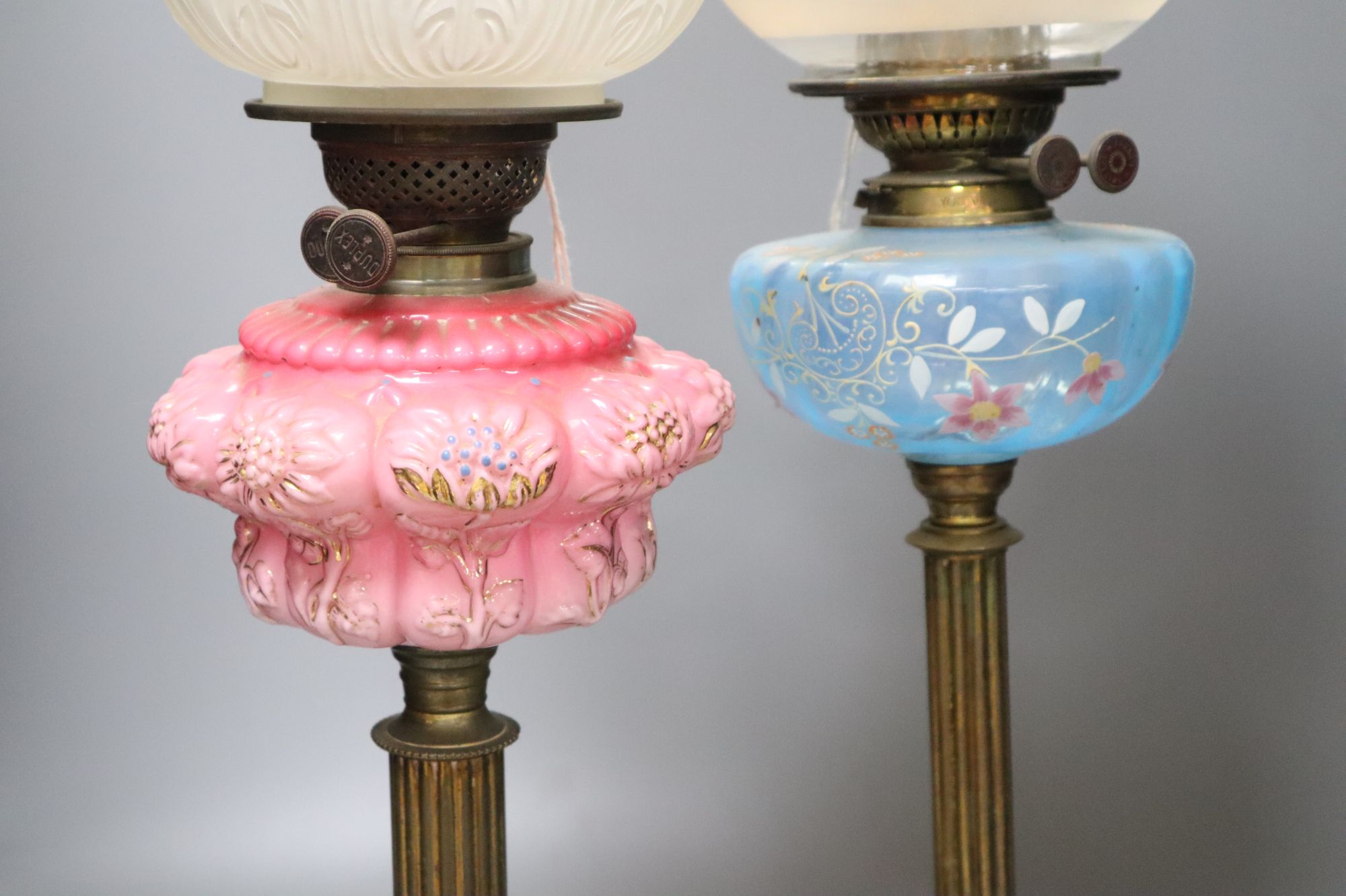 Two 19th century oil lamps, tallest 68cm including funnelCONDITION: Generally good; pink opaline - Image 3 of 3