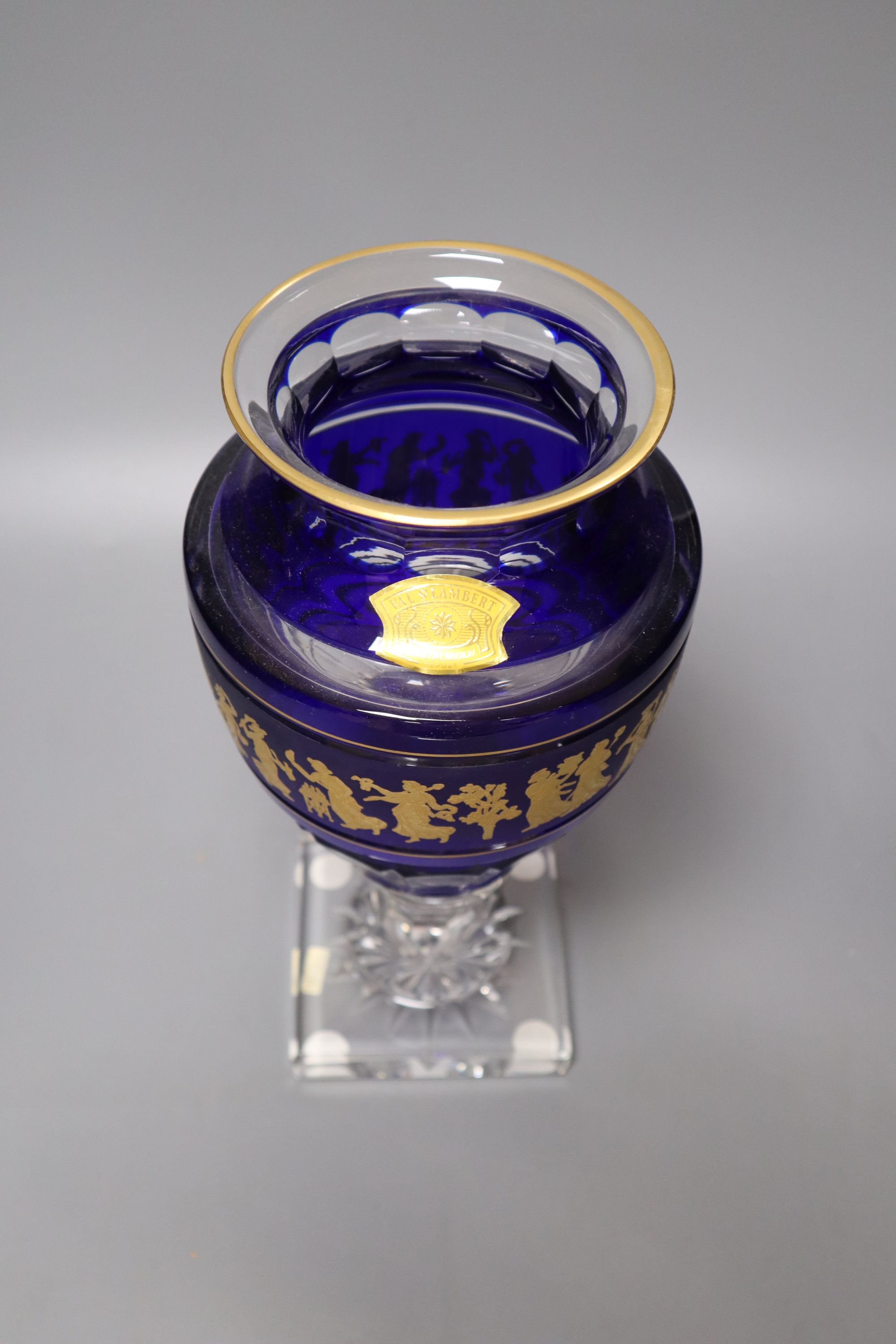 A Val Saint Lambert neoclassical gilt decorated blue and clear crystal pedestal vase, height - Image 3 of 5