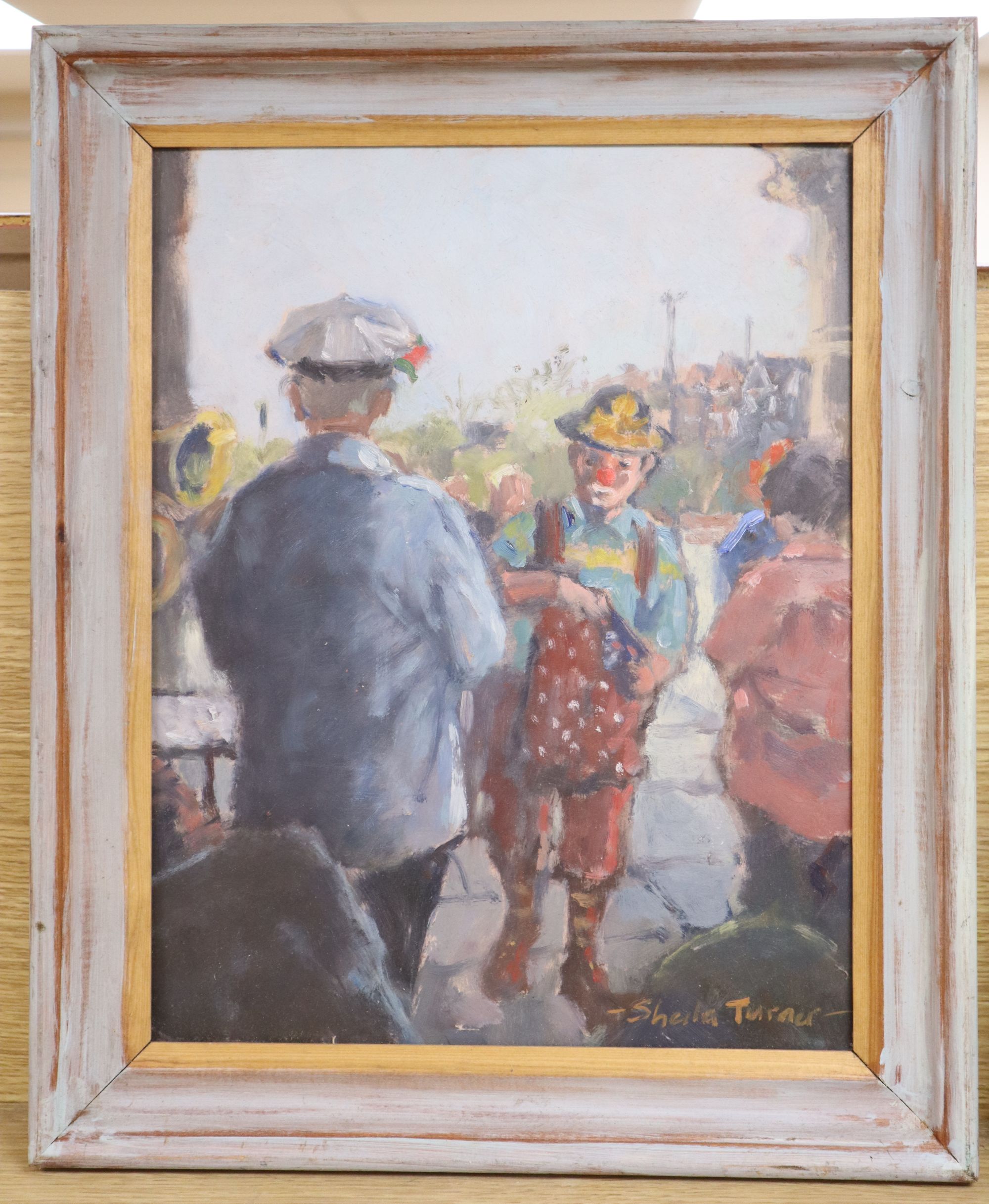 Sheila Turner (1941-), oil on board, Clown on the promenade, signed, 35 x 27cm - Image 2 of 2
