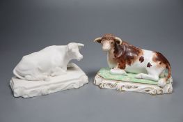 Two rare Copeland & Garrett porcelain recumbent figures of bulls, c.1833-47, 12.5cm long, the