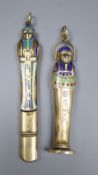 An early 20th century Egyptianesque gilt white metal and enamel propelling pencil/seal, 59mm and a