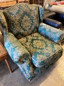 A green and cream brocade upholstered lounge armchair, width 98cm, depth 100cm, height 96cm