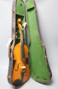 A 3/4 size violin, labelled "Stradavarius", cased