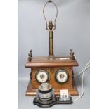 An Art Deco chromium desk calendar/barometer and a mahogany table lamp with thermometer and
