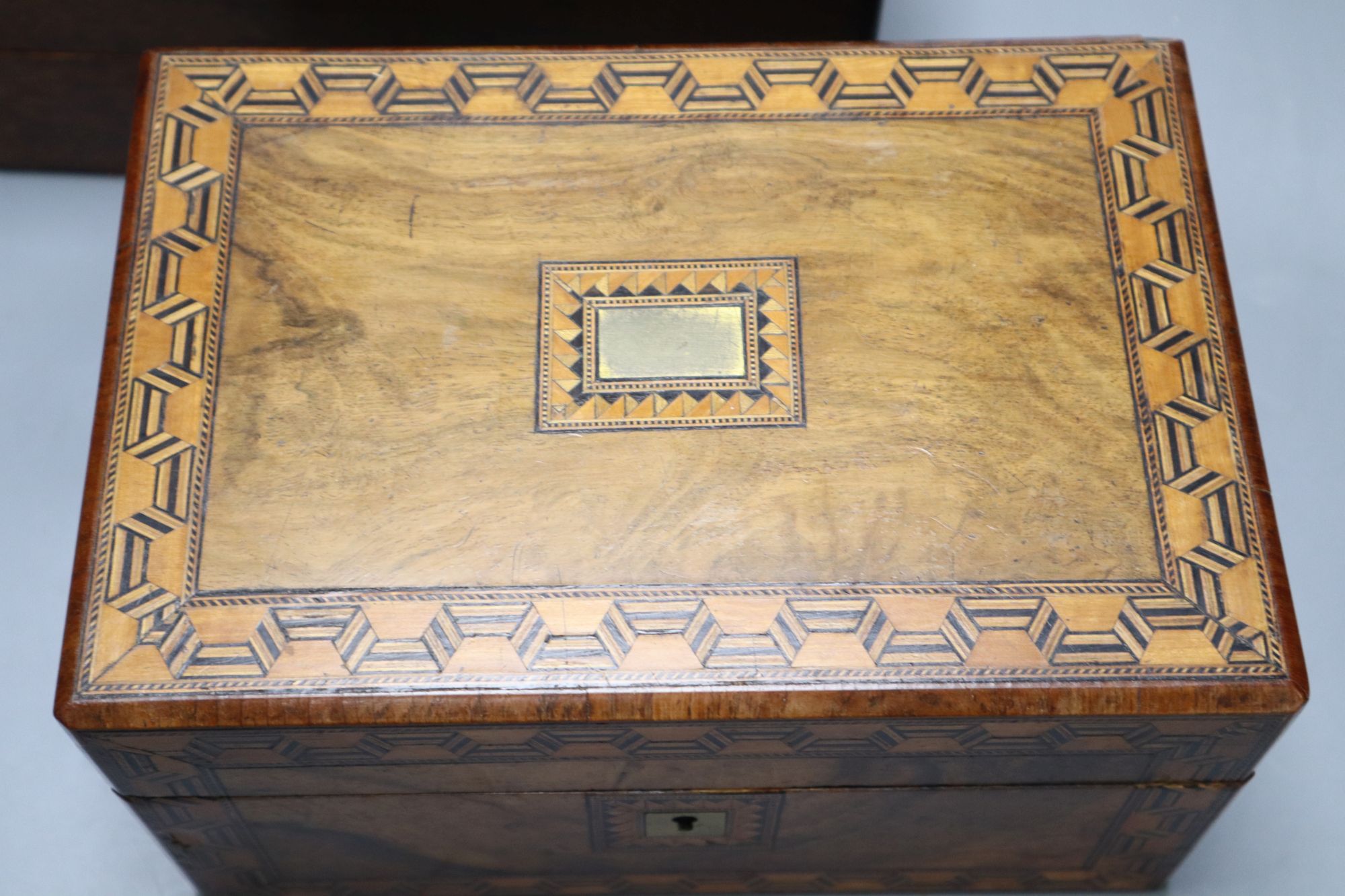 A Victorian parquetry work box and one other with Royal Engineers crest - Image 3 of 6