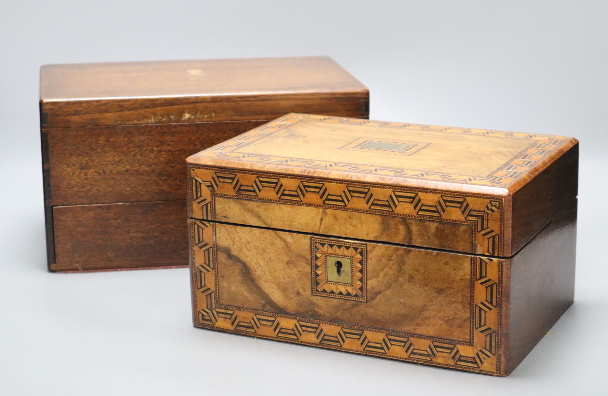 A Victorian parquetry work box and one other with Royal Engineers crest