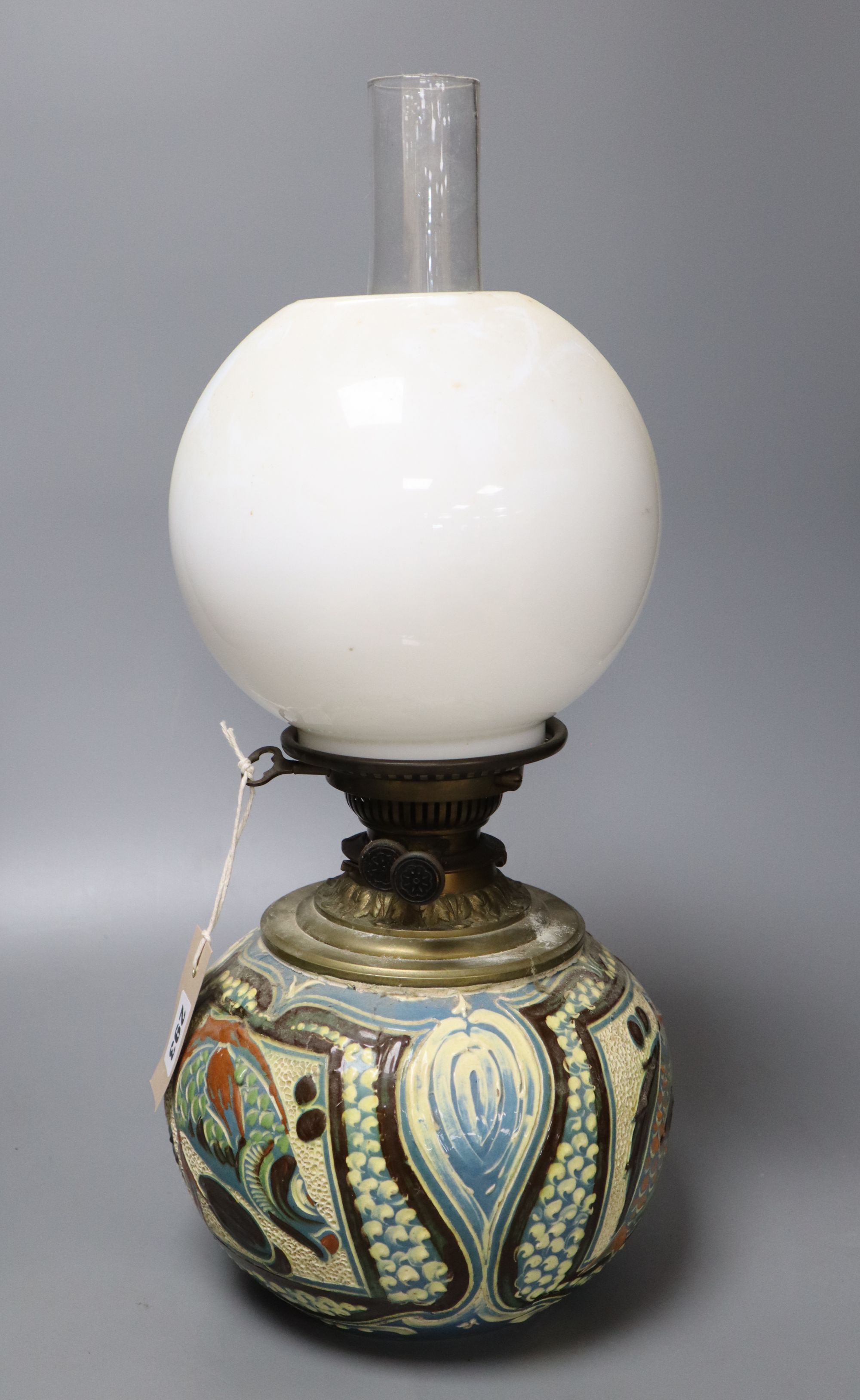 A C. H. Brannam Barum pottery oil lamp, decorated with fish, signed and dated 1899, height 50cm - Image 2 of 3