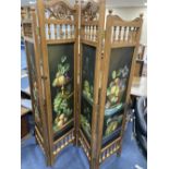 A four fold dressing screen, inset painted panels of fruit, each panel width 45cm height 185cm