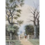 English School c.1900, watercolour, Shepherd and flock on a lane, 33 x 24cm