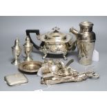 A collection of silver and plated items, the silver items comprising a pair of Sterling weighted