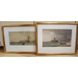 19th century English School, two watercolours, Fishermen along the coast, 17.5 x 42cm and 21 x 36cm