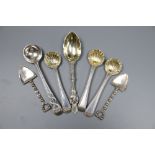 Five assorted 19th century silver condiment spoons including a pair by George Adams with shell bowls