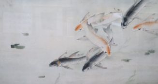 Chinese School (early 20th century), Koi Carp swimming among weeds, watercolour on silk, in