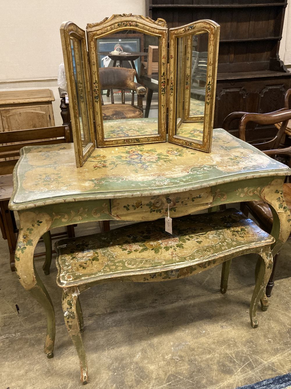 An early 20th century Venetian style rectangular floral painted serpentine table with similar triple - Image 6 of 10