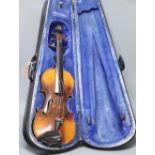 A violin labelled W Placht & Co, 58cm, cased