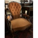 A Victorian walnut spoonback open armchair, width 66cm, depth 80cm, height 90cm