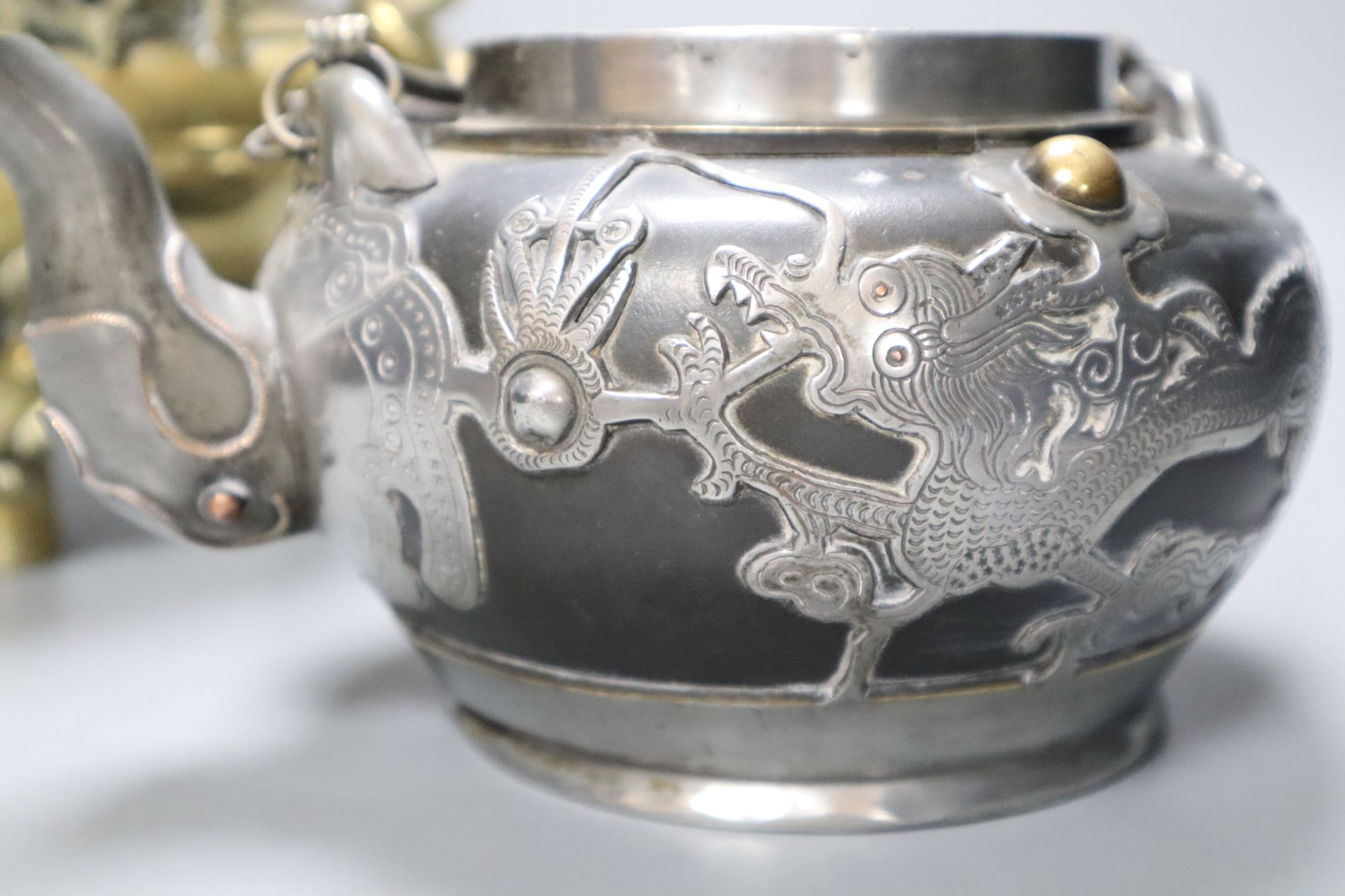 A Chinese bronze tripod censer, height 16cm, and a Chinese pewter-mounted Yixing pottery teapot, - Image 2 of 6