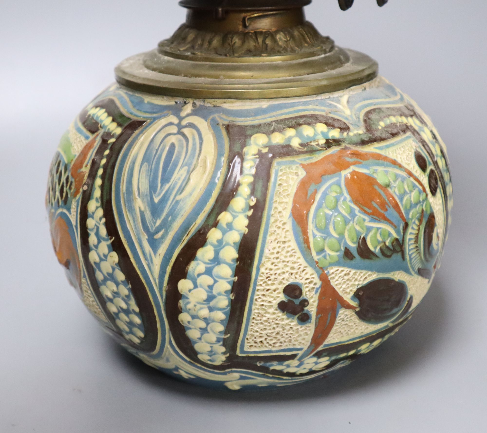 A C. H. Brannam Barum pottery oil lamp, decorated with fish, signed and dated 1899, height 50cm - Image 3 of 3