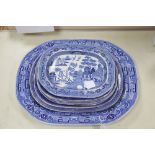 A 19th century transfer-printed large blue and white platter and seven similar smaller platters