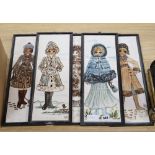 Five framed sets of three Jersey Pottery tile plaques, depicting ladies dressed for winter, 46 x