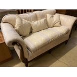 A Victorian style mahogany two seater scroll arm settee, width 170cm, depth 90cm, height 80cm