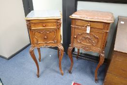 Two late 19th century French marble top bedside cabinets, larger width 44cm, depth 43cm, height
