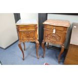 Two late 19th century French marble top bedside cabinets, larger width 44cm, depth 43cm, height