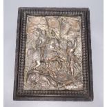 A 19th century French electrotype plaque, depicting a medieval battle scene, indistinctly signed,