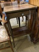 A French gilt metal mounted mahogany two tier table, width 46cm, depth 36cm, height 78cm