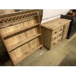 A Victorian pine dresser base, together with a panelled pine plate rack, base width 107cm, depth