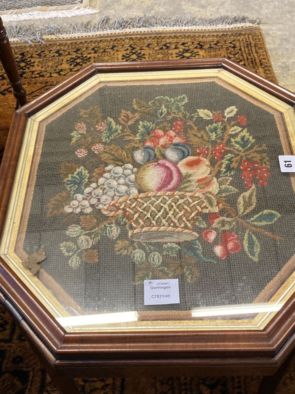 An grois point tapestry panel, inset in the top of a hexagonal mahogany table, width 54cm, depth - Image 2 of 3