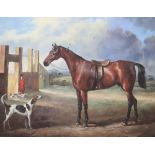 A modern oil on board, Horse and hounds near a stables, 19 x 24cm