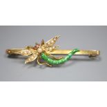 An Edwardian yellow metal, garnet?, seed pearl and green enamel set dragonfly bar brooch, 51mm,