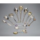 An ornate Edwardian silver gilt spoon, 22cm, ten other assorted silver spoons including