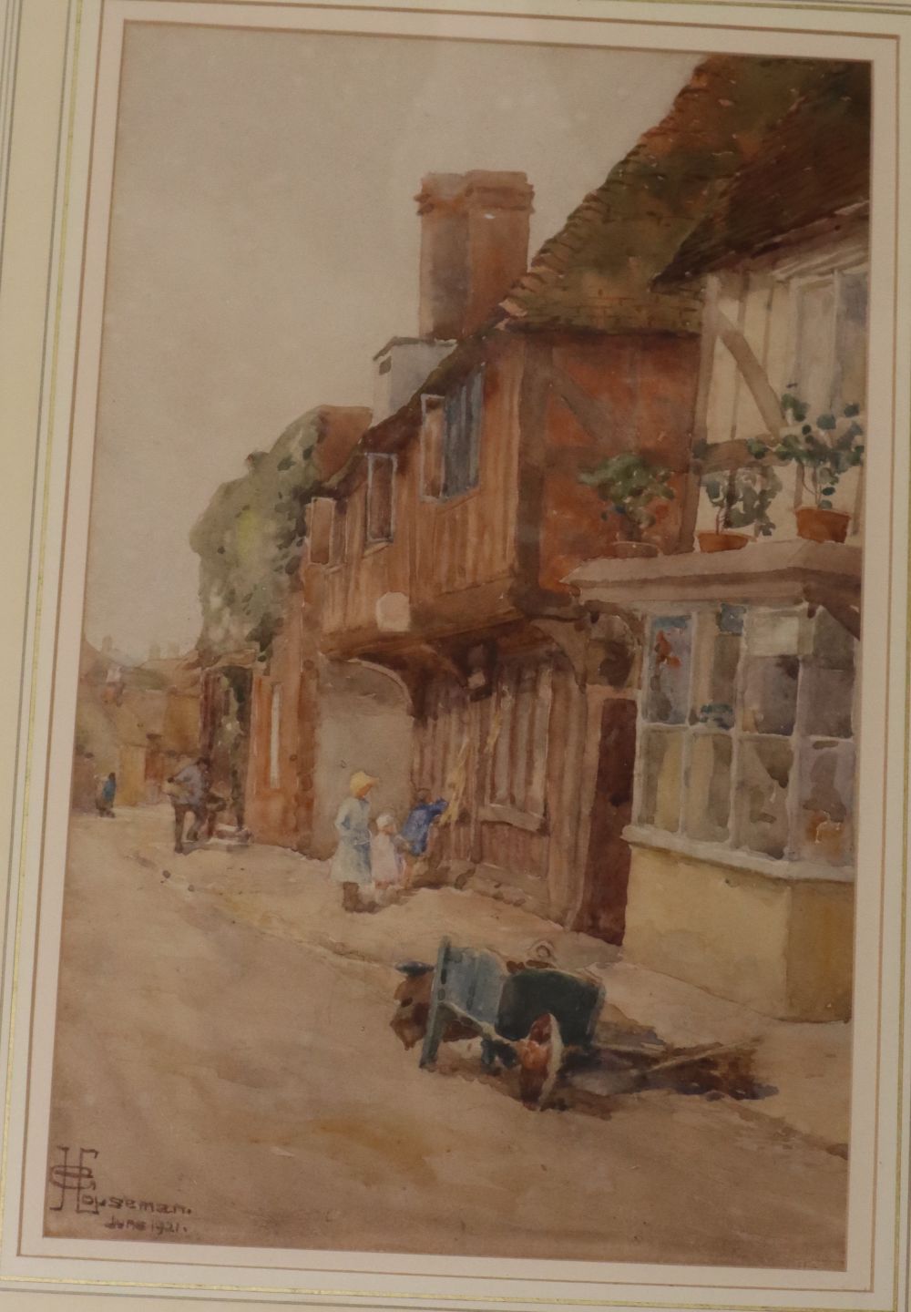 Edith Giffard Houseman (1875-), watercolour, Street scene with old cottage, signed and dated 1921, - Image 2 of 3