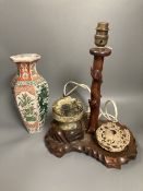 A Chinese hardwood lamp, height 27cm excluding light fitting, two stone carvings and a Japanese