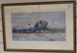 Sybil Amherst (fl.1880-1891), watercolour, Off Cowes, signed and dated 190..., 23 x 43cm