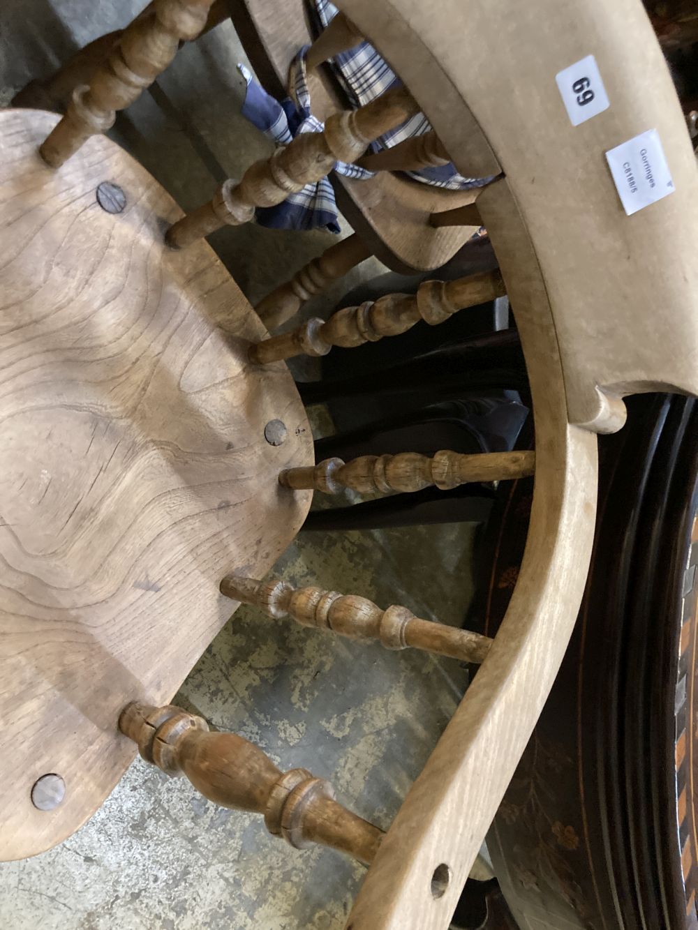 Two Victorian elm and beech smoker's bow elbow chairs together with six Windsor kitchen chairs - Image 3 of 5