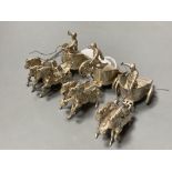 A matched set of three modern silver miniature models of chariots with rider and horses, maker