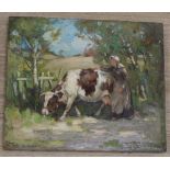 George Smith, oil on canvas, Cow and dairy maid on a lane, signed, 25.5 x 30cm, unframed