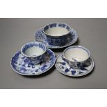 Three Chinese Kangxi blue and white tea bowls and saucers, largest 14cm (6)