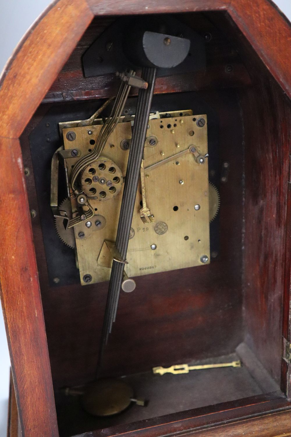 A Victorian mahogany and cut brass chiming lancet mantel clock, 6 inch silvered dial and French - Image 3 of 3