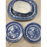 A collection of blue and white Willow pattern plates including meat platters, width 44cm and a