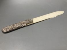 A Chinese? pierced white metal mounted ivory paper knife (a.f.), 33.6cm.CONDITION: Handle mounted