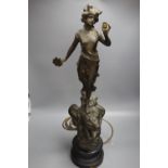 A bronzed spelter figural table lamp, entitled La Danse, on ebonised plinth, 68cm