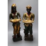 A pair of gilt and polychrome painted Nubian butlers, portrayed holding shell shaped trays